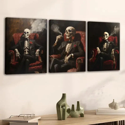 3pcs Abstract Smoking Skeleton Rose Black Chair Wall Art Set Canvas Framed 40x60cm - High Quality Print 100% Australian Made Wall Canvas Ready to Hang
