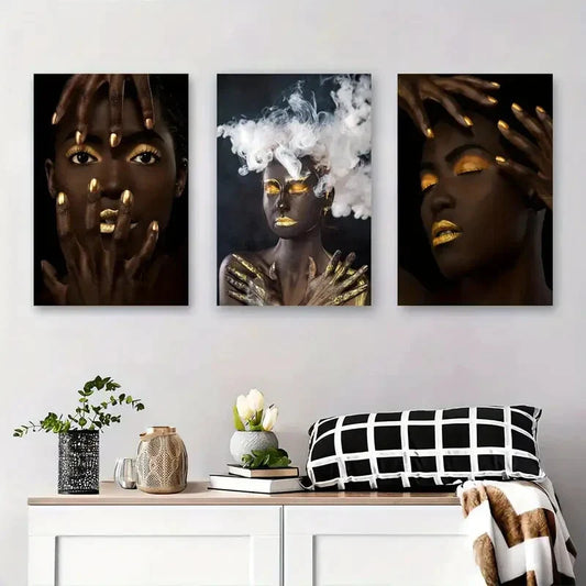 3pcs Golden Hand And Smoke Portrait Triptych Metal Print Ready to Hang Art