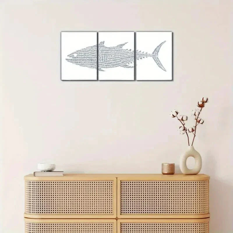 3pcs Minimalist Black & White Underwater Shark Metal Print Ready to Hang Art