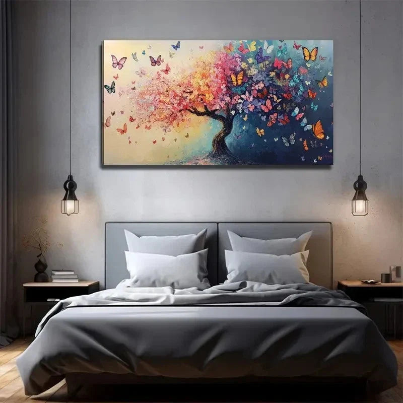 Big Tree Flowers Butterflies Wall Art Canvas Office Home Room Framed 80x45cm