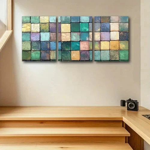 3pcs Modern Green Square Design Metal Print Ready to Hang Art