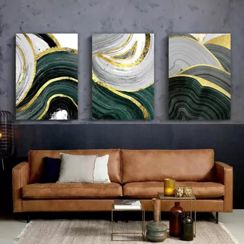 3pcs Gold Green Marble Line Canvas Framed 40x60cm - High Quality Print 100% Australian Made Wall Canvas Ready to Hang