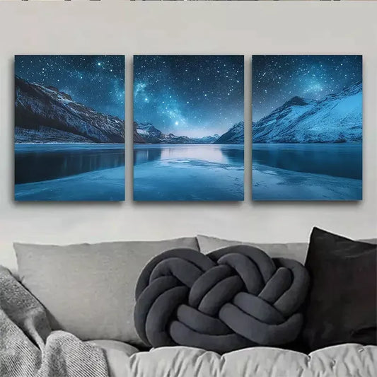 3pcss Vibrant Starry Night Mountain Lake Wall Art Set Canvas Framed 40x60cm - High Quality Print 100% Australian Made Wall Canvas Ready to Hang