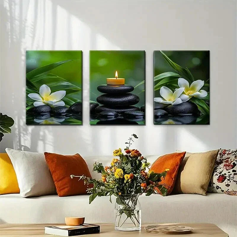 3pcs Nature Stones Candle and Plumeria Perfect Wall Art Set Canvas Framed 40x60cm - High Quality Print 100% Australian Made Wall Canvas Ready to Hang