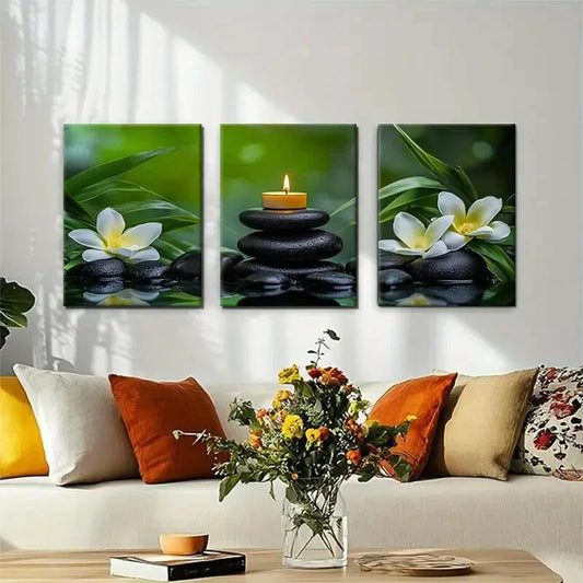 3pcs Nature Stones Candle and Plumeria Perfect Wall Art Set Canvas Framed 40x60cm - High Quality Print 100% Australian Made Wall Canvas Ready to Hang