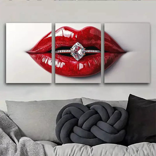 3pcs Glamorous Modern Red Lips with Diamond Rings Wall Art Set Canvas Framed 40x60cm - High Quality Print 100% Australian Made Wall Canvas Ready to Hang