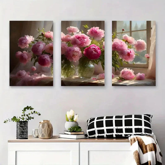 3pcs Pink Peony Vase Triptych Metal Print Ready to Hang Art