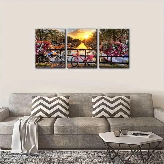 3pcs Sunrise Over Amsterdam Flowers Bicycles Metal Print Ready to Hang Art