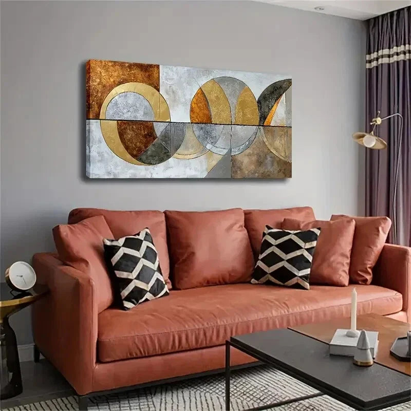 Golden Gray & Black Geometric Wall Art Canvas Office Home Room Framed 80x45cm