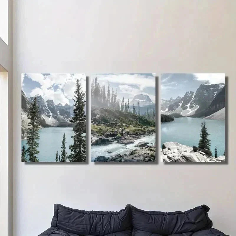 3pcs Lake Louise Snow Mountain and Forest Wall Art Set Canvas Framed 40x60cm - High Quality Print 100% Australian Made Wall Canvas Ready to Hang