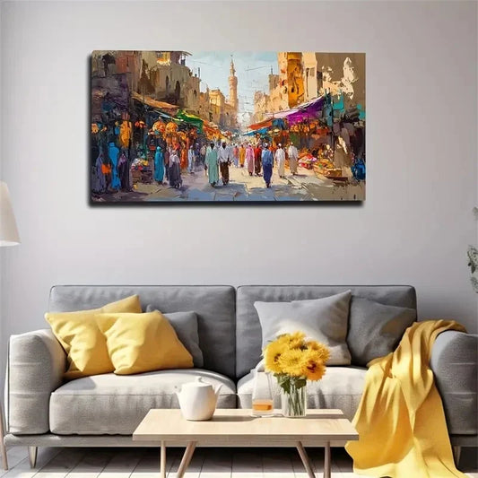 People Walking In The Market Wall Art Canvas Office Home Room Framed 120x60cm
