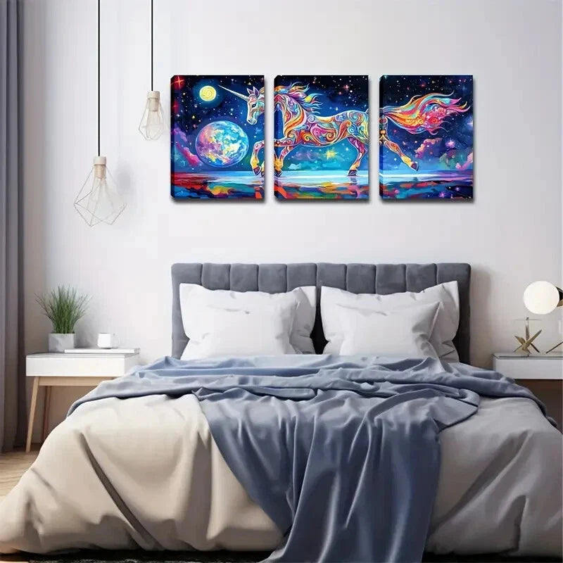 3pcs Celestial Horse Design Wall Art Set Canvas Framed 40x60cm - High Quality Print 100% Australian Made Wall Canvas Ready to Hang