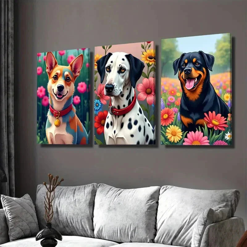 3pcs Vibrant Dog Colorful Pet Paintings Floral Wall Art Set Canvas Framed 40x60cm - High Quality Print 100% Australian Made Wall Canvas Ready to Hang