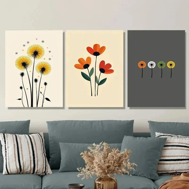 3pcs Vibrant Floral & Dandelion Beige, Red Wall Art Set Canvas Framed 40x60cm - High Quality Print 100% Australian Made Wall Canvas Ready to Hang
