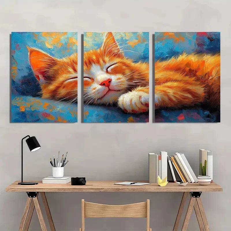 3pcs Vibrant Blue & Yellow Abstract Sleeping Cat Metal Print Ready to Hang Art