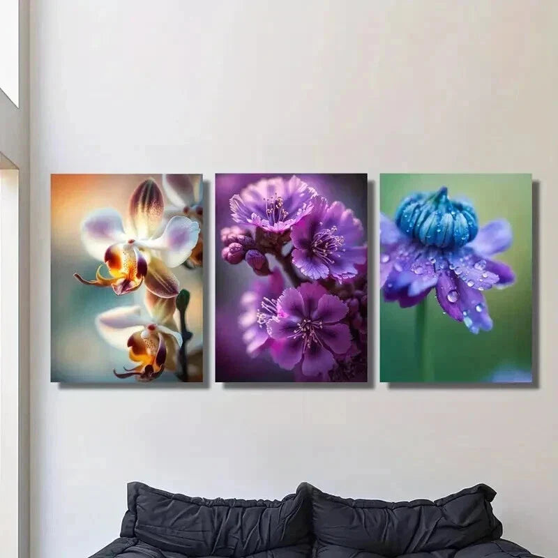 3pcs Purple & Blue Orchid Flowers Wall Art Set Canvas Framed 40x60cm - High Quality Print 100% Australian Made Wall Canvas Ready to Hang