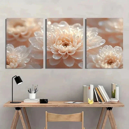 3pcs White Chrysanthemums with Water Droplets Wall Art Set Canvas Framed 40x60cm - High Quality Print 100% Australian Made Wall Canvas Ready to Hang