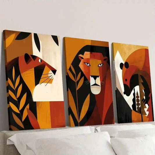 3pcs Geometric Lions Bears Plants Illustrations Wall Art Set Canvas Framed 40x60cm - High Quality Print 100% Australian Made Wall Canvas Ready to Hang