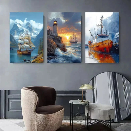 3pcs Sailing Ship Lighthouse & Fishing Boat Ocean Metal Print Ready to Hang Art