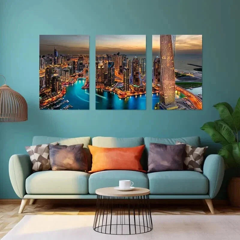 3pcs Dubai Marina Night Skyscrapers & Waterfront Wall Art Set Canvas Framed 40x60cm - High Quality Print 100% Australian Made Wall Canvas Ready to Hang