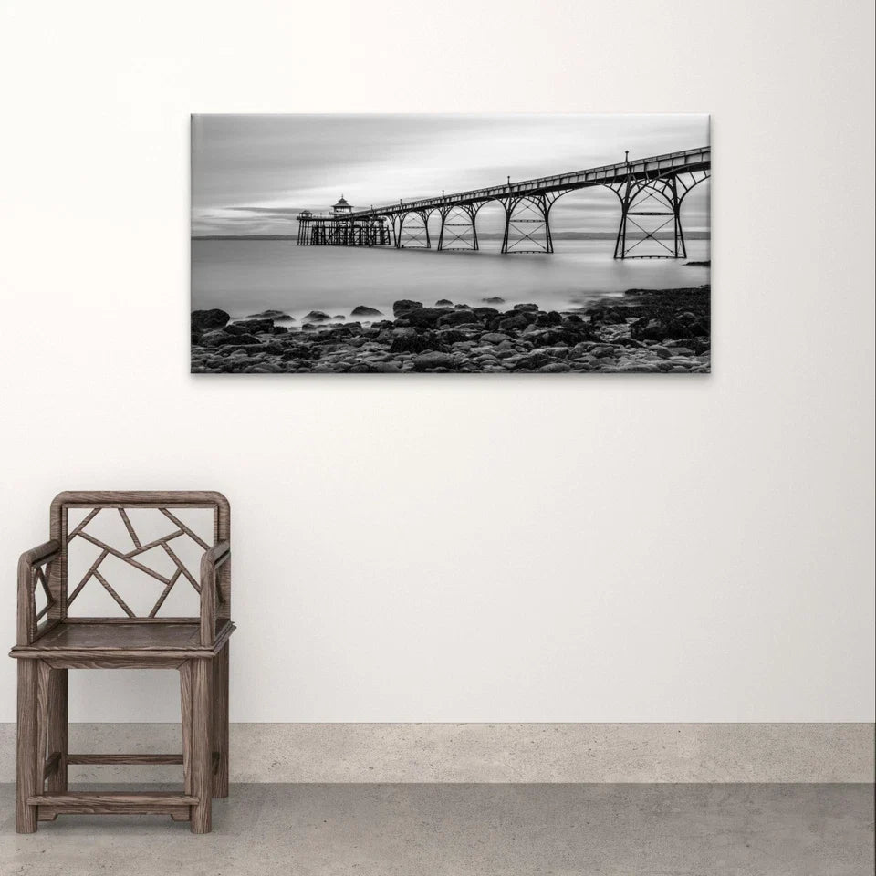 Black and White Coastal Pier Wall Art Canvas Office Home Framed 120x60cm