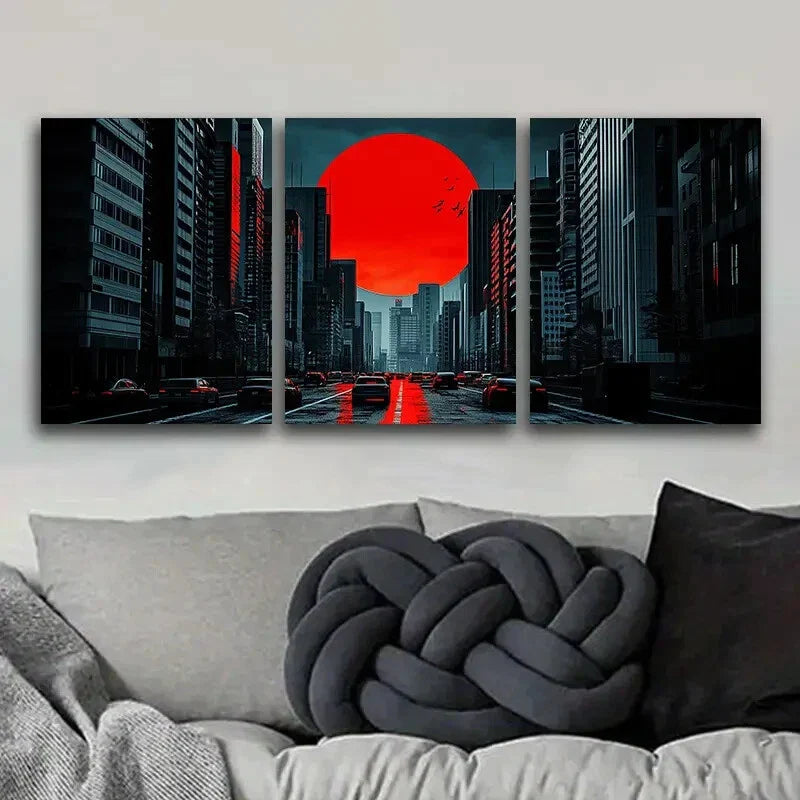 3pcs The moon over the city Art Painting Metal Print Ready to Hang Art