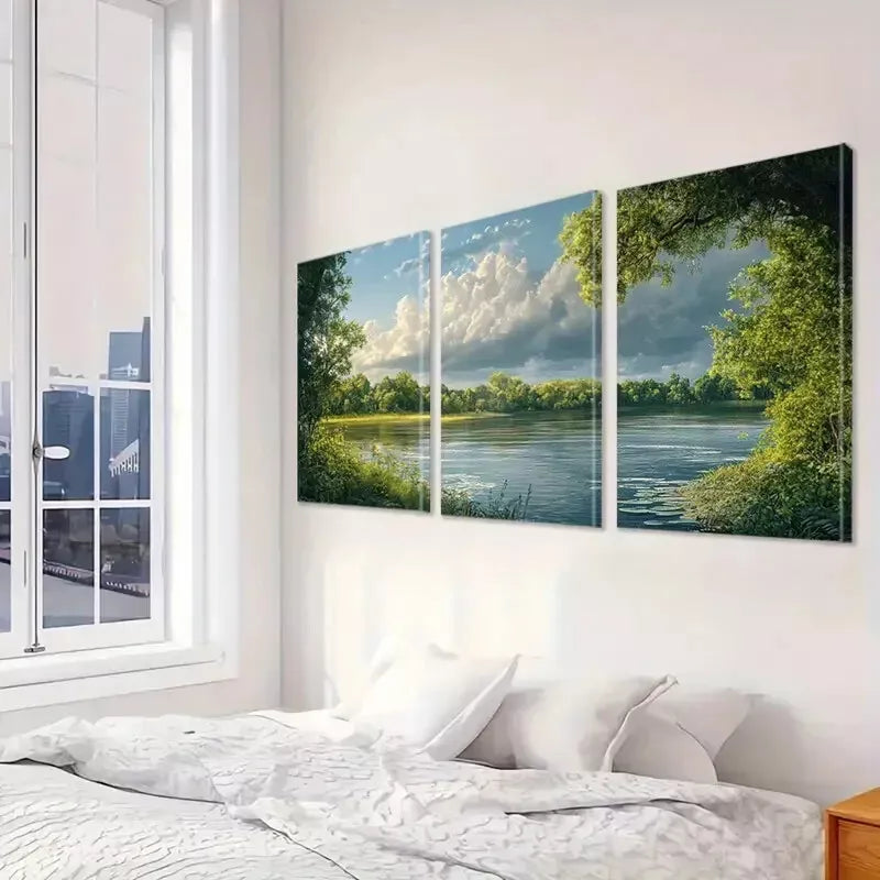 3pcs Serene River & Clouds And Green Nature Wall Art Set Canvas Framed 40x60cm - High Quality Print 100% Australian Made Wall Canvas Ready to Hang