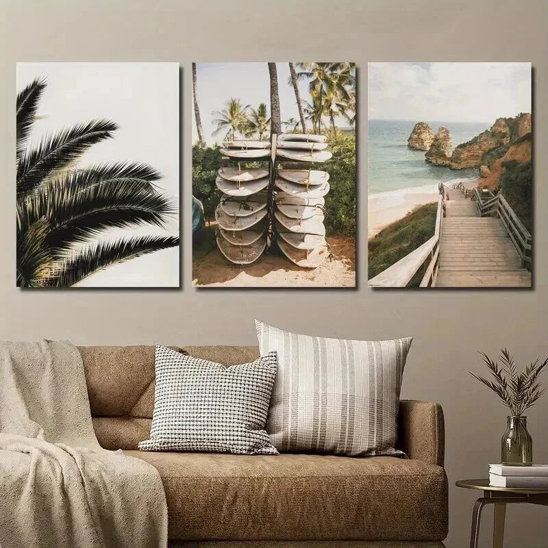 3pcs Southern California Beach Walk & Surfboards Wall Art Set Canvas Framed 40x60cm - High Quality Print 100% Australian Made Wall Canvas Ready to Hang