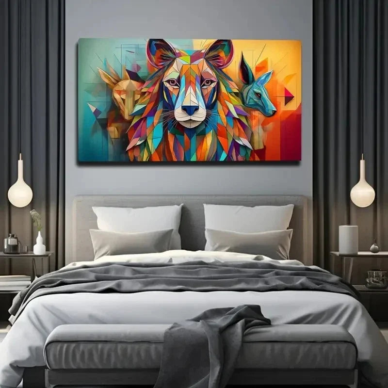 Vibrant Geometric Lion Wall Art Canvas Office Home Room Framed 80x45cm