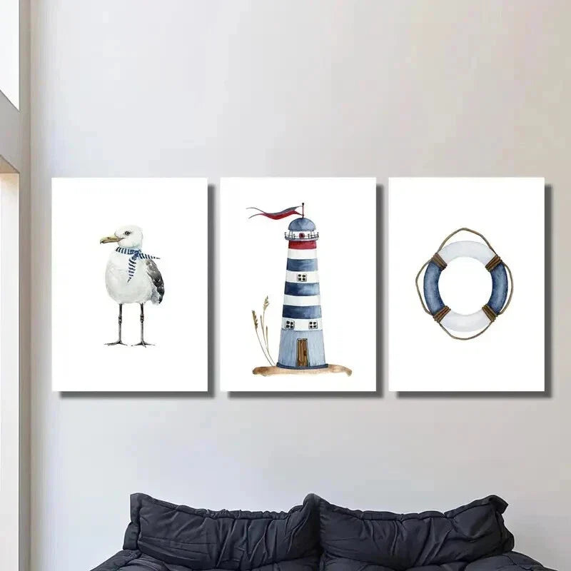 3pcs White Seagull Lighthouse Nautical Lifebuoy Wall Art Set Canvas Framed 40x60cm - High Quality Print 100% Australian Made Wall Canvas Ready to Hang