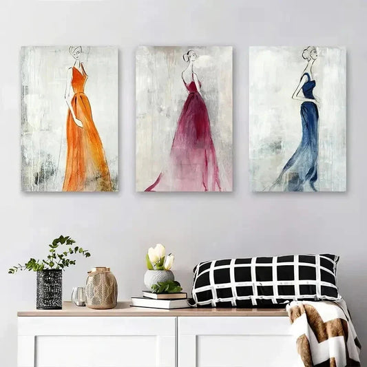 3pcs Elegant Women in Vibrant Watercolor Dresses Metal Print Ready to Hang Art
