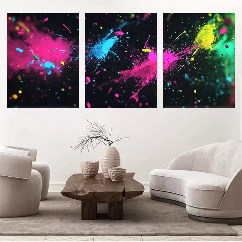3pcs Vibrant Abstract Neon Paint Splash  Wall Art Set Canvas Framed 40x60cm - High Quality Print 100% Australian Made Wall Canvas Ready to Hang