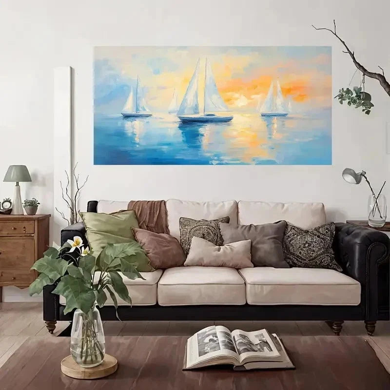 Sailboats Sunset Ocean Wall Art Canvas Office Home Room Framed 80x45cm