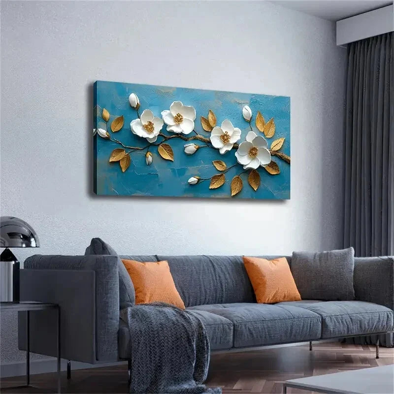 Dark Blue Brush Stroke Flowers Wall Art Canvas Office Home Room Framed 120x60cm