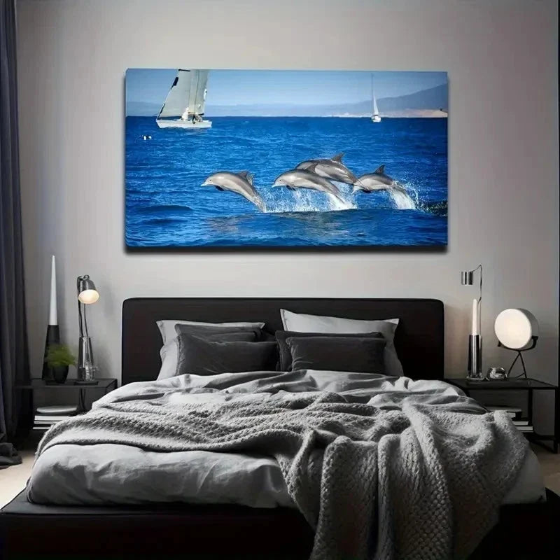 Dolphins Leaping In Ocean Wall Art Canvas Office Home Room Framed 80x45cm