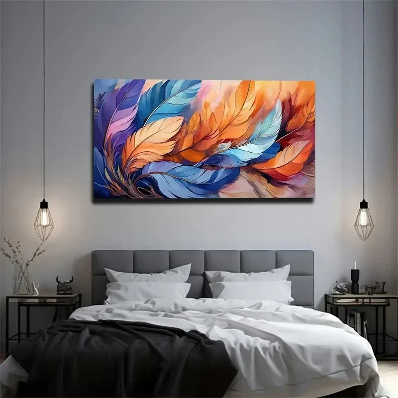 Colorful Layered Feather Wall Art Canvas Office Home Room Framed 80x45cm