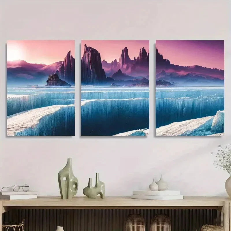 3pcs Futuristic Ice Mountains & Frozen Peaks Metal Print Ready to Hang Art
