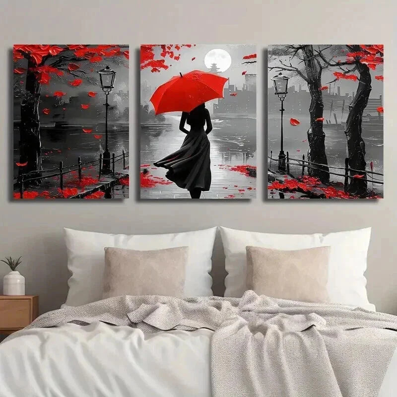 3pcs Black & White Girl with Red Umbrella Wall Art Set Canvas Framed 40x60cm - High Quality Print 100% Australian Made Wall Canvas Ready to Hang