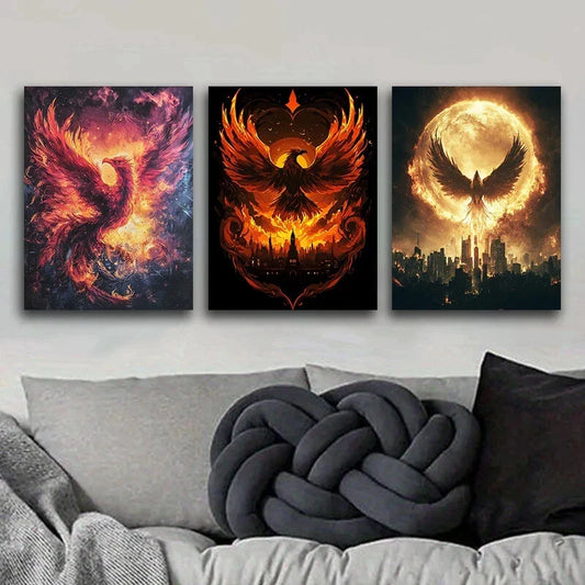 3pcs Fire Phoenix Theme Luxurious Cloth Metal Print Ready to Hang Art