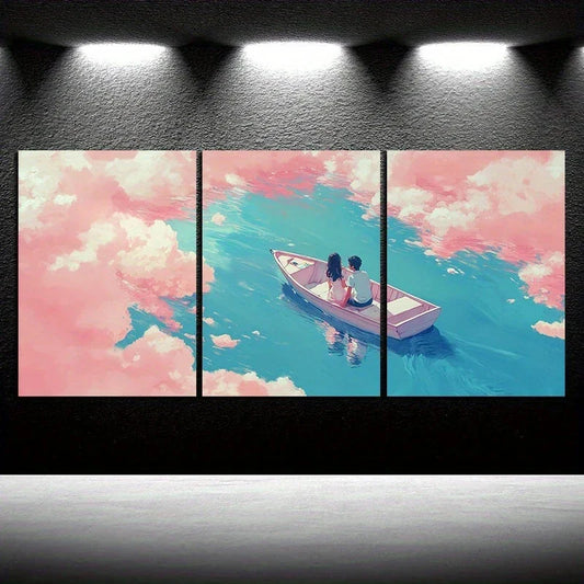 3pcs Romantic Boat with Cloud Metal Print Ready to Hang Art