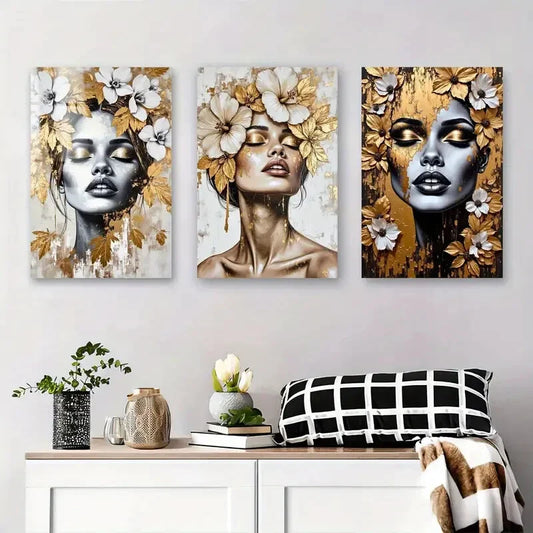 3pcs Elegant Female Figures with Golden and White Metal Print Ready to Hang Art