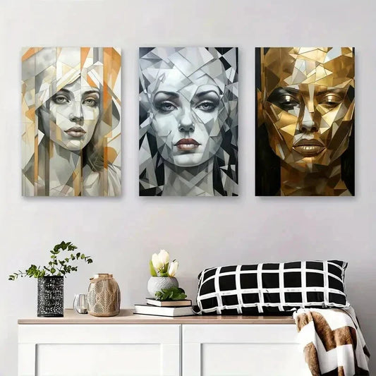 3pcs Abstract Faces with Golden and Silvery Tones Metal Print Ready to Hang Art
