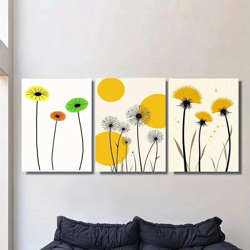 3pcs Modern Abstract Dandelion Vibrant Yellow Metal Print Ready to Hang Art