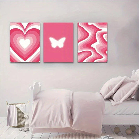 3pcs Pink Butterfly Heart Designs Metal Print Ready to Hang Art