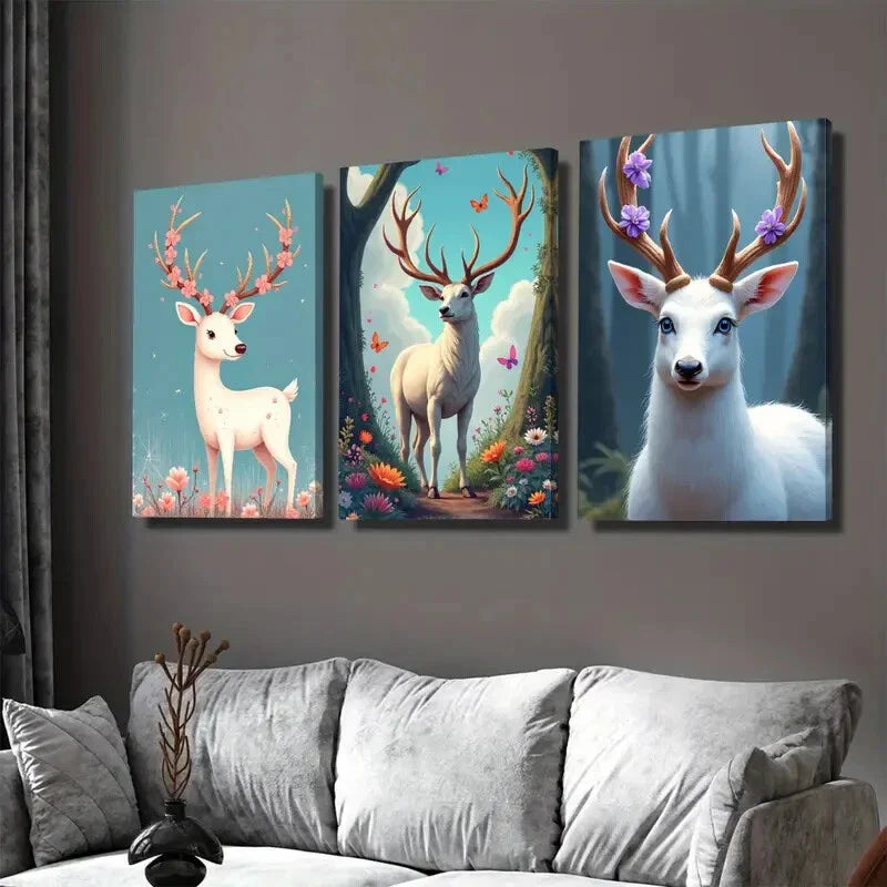 3pcs Deer Forest Triptych Blossoms & Butterflies Wall Art Set Canvas Framed 40x60cm - High Quality Print 100% Australian Made Wall Canvas Ready to Hang