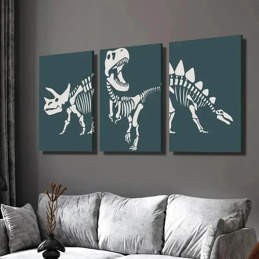 3pcs Dinosaur Triceratops Skeleton Outline Wall Art Set Canvas Framed 40x60cm - High Quality Print 100% Australian Made Wall Canvas Ready to Hang