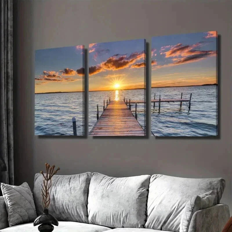 3pcs Sunset Dock Paintings Sky Wall Art Set Canvas Framed 40x60cm - High Quality Print 100% Australian Made Wall Canvas Ready to Hang
