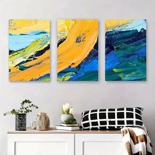 3pcs Abstract Palette Knife Vibrant Yellow, Blue Metal Print Ready to Hang Art