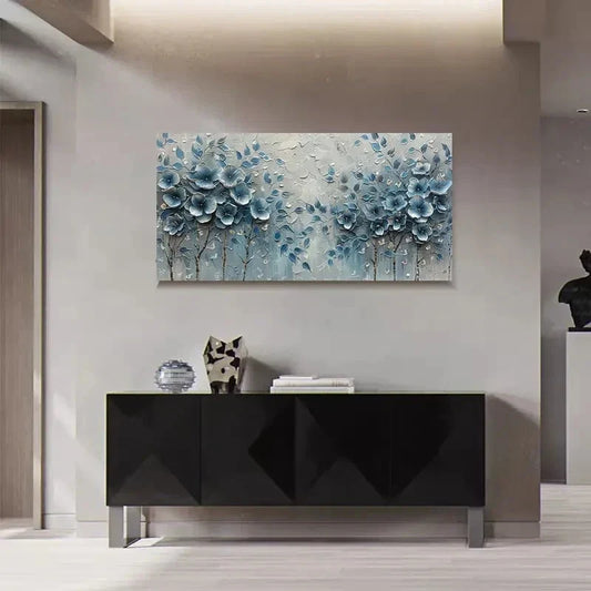 Nordic Abstract Floral Blue Wall Art Canvas Office Home Room Framed 80x45cm