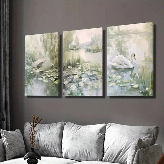 3pcs Pond with Water Lilies Swans And Ducks Wall Art Set Canvas Framed 40x60cm - High Quality Print 100% Australian Made Wall Canvas Ready to Hang